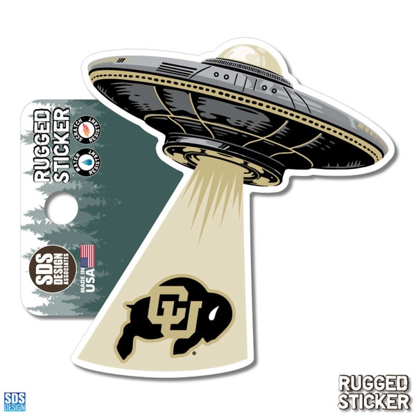 Rugged sticker of a UFO beaming up CU Buffaloes logo in black and gold, with vintage sci-fi style artwork.